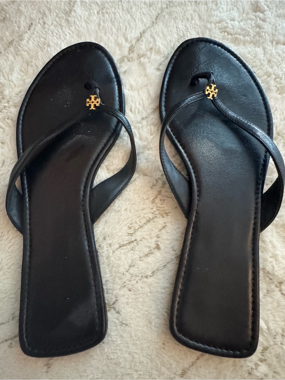 Tory Burch Black Leather Square-Toe Thong Sandals with Gold Logo